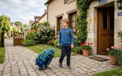 Un jeune garçon sourit en marchant sur un chemin pavé tout en tirant son sac à dos à roulettes à motifs de dinosaures devant une maison en pierre.