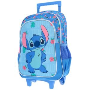 Sac à dos bleu Stitch avec poignée et roues, idéal comme sac à roulettes pour l'école.